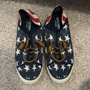Sperry Navy Star Print Canvas Sneakers with Brown Laces